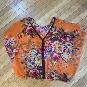 Free People Orange Floral beaded vneck Blouse size large